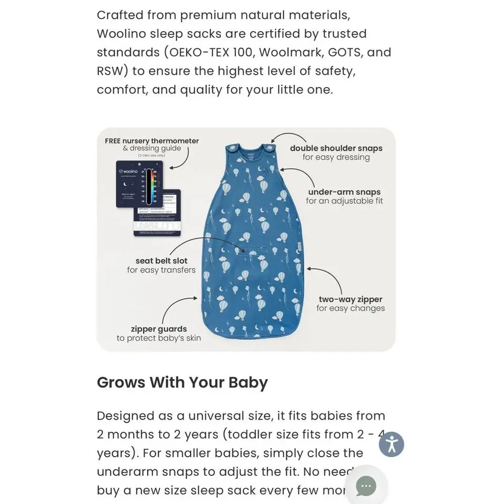 Woolino 4 Season Ultimate Baby Sleep Bag Merino Wool Organic Cotton Size 2-24M - Picture 9 of 10